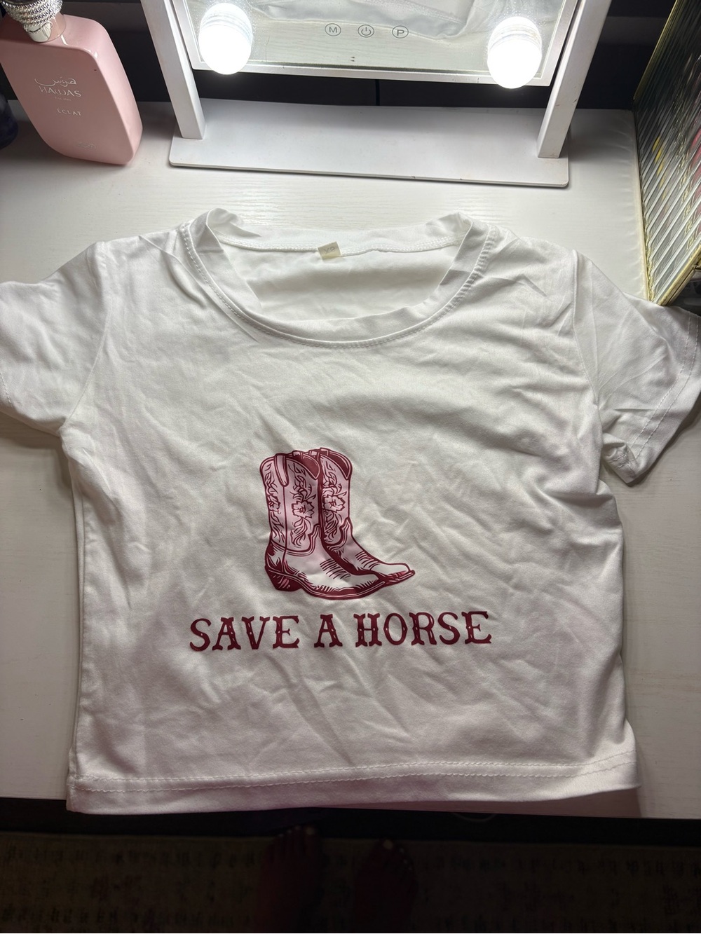 SHEIN White Crop Top with Maroon Cowboy Boot Graphic